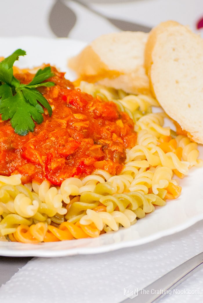 close up of the plate of Fusilli Tuna Pasta Sauce