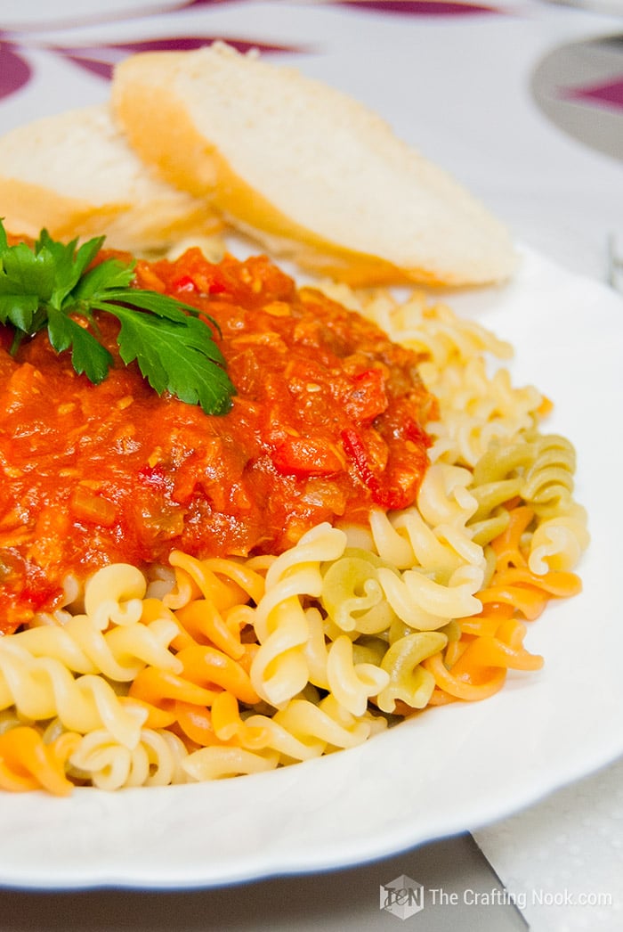 close view of the plate of Fusilli Tuna Pasta Sauce