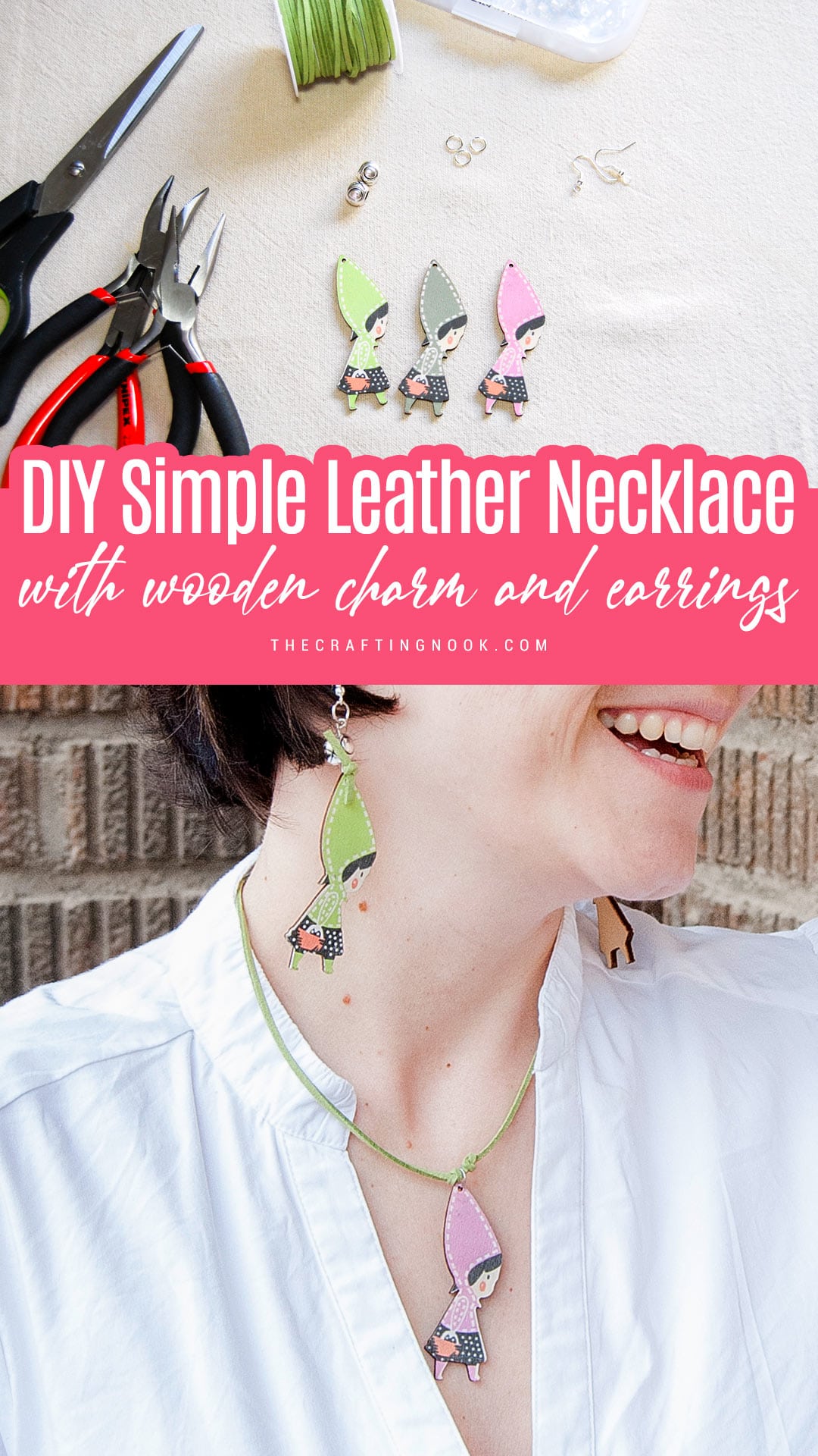 Simple DIY Leather Necklace with Wooden Charm and Earrings. Pinterest image with title text overlay