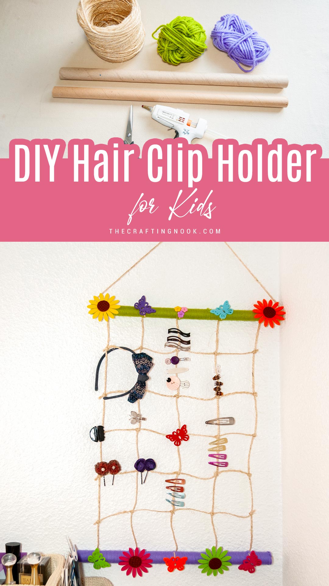 DIY Hair Clip Holder for Kids Hanging on the wall. Pinterest image with title text overlay