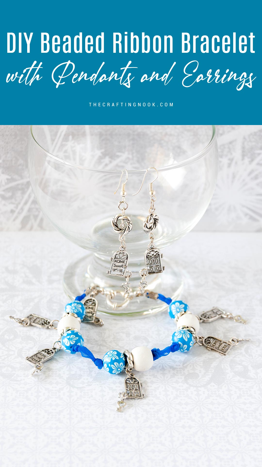 Beaded ribbon bracelet diy with pendants and Earrings Pinterest Image with Title text overlay