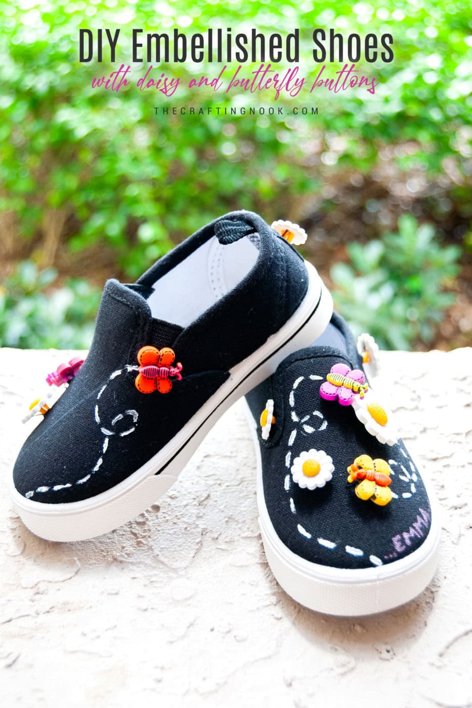 DIY Embellished Shoes with Daisy and Butterfly Buttons. Feature image with title text overlay