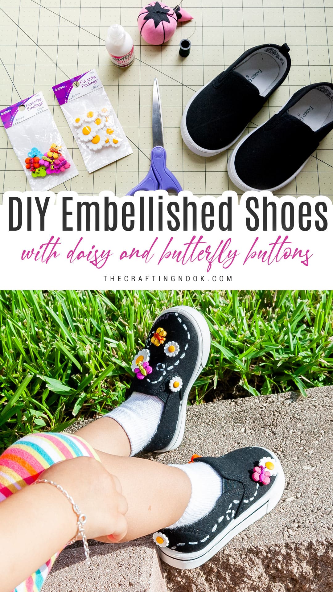 DIY Embellished Shoes with Daisy and Butterfly Buttons. Pinterest image with title text overlay