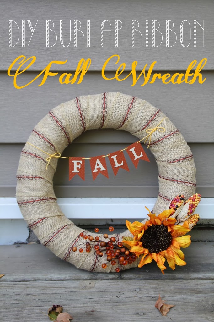 rustic DIY fall wreath made from a straw wreath form and burlap ribbon