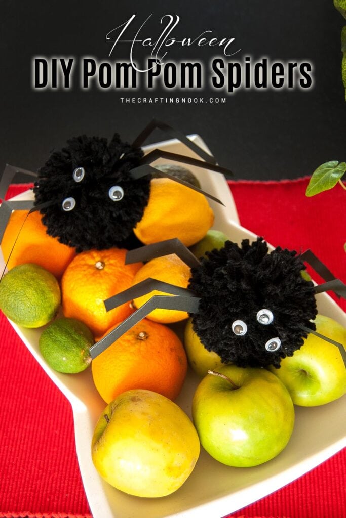 DIY Pom pom Spider Craft for Halloween Cover Image with Title Text Overlay