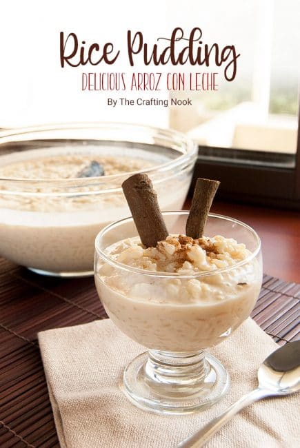 Delicious Rice Pudding Recipe Arroz con Leche. Cover image with Title overlay