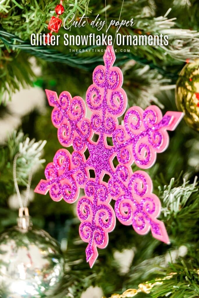 Pink and fuxia DIY Paper Glitter Snowflakes Ornament with Silhouette Cameo Cover image with title text overlay