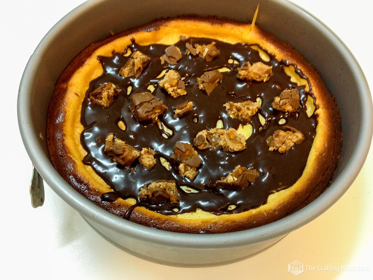 The cheesecake baked still in the spring pan