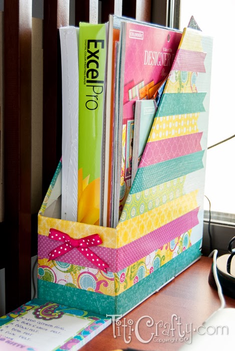 Washi Tape Inspired Mod Podge Paper Organizer on the desk with some magazines