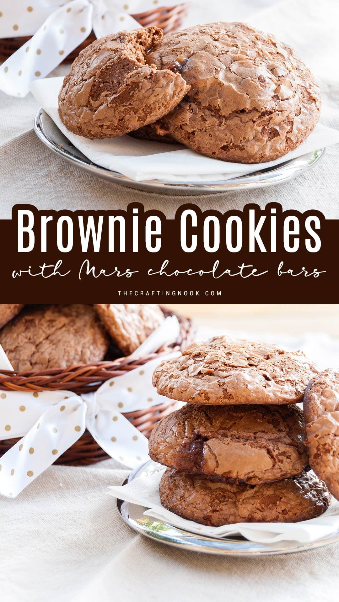 Brownie Batter Cookies with Mars Chocolate Bars Recipe Pinterest image with title text overlay