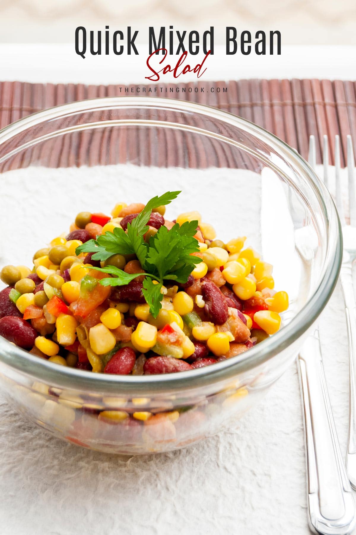 Quick Mixed Bean Salad Recipe in a clear bowl Cover image with title text overlay