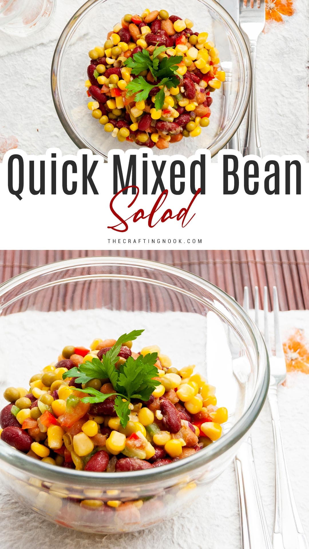 Quick Mixed Bean Salad Recipe in a clear bowl Pinterest image with title text overlay