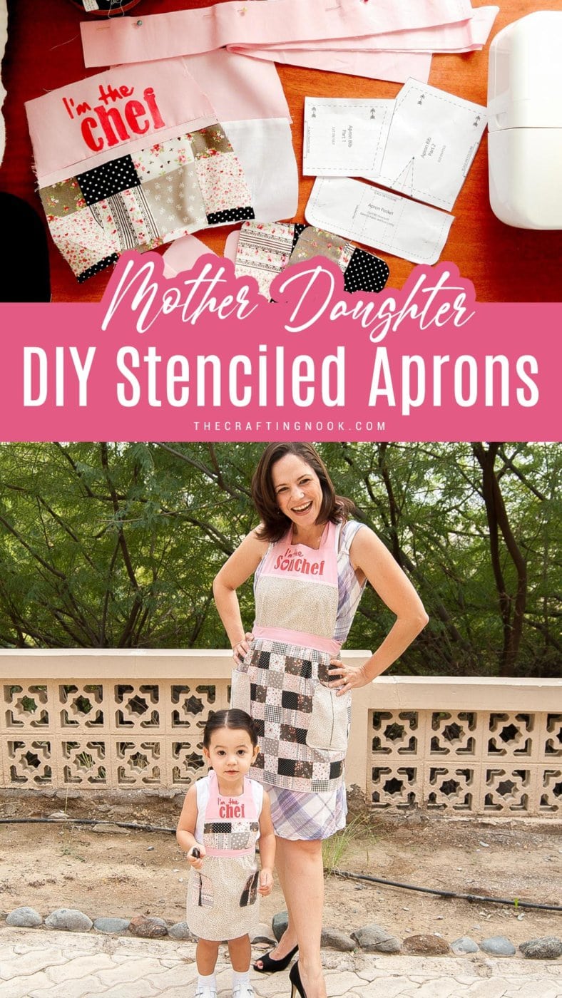 DIY Mother Daughter Stenciled Apron Pattern Pinterest image with title text overlay