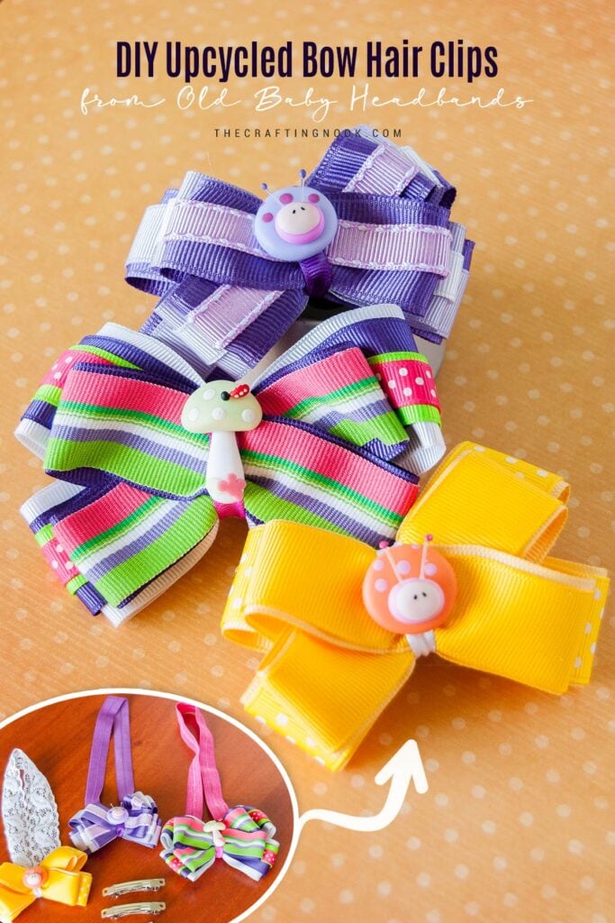 DIY Upcycled Bow Hair Clips from Baby Headbands Cover image with Title text overlay