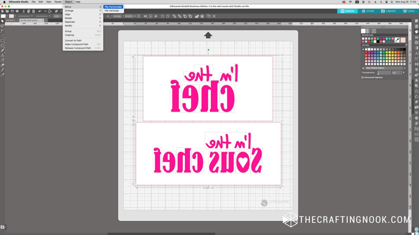 screenshot of i'm the chef and i'm the sous chef words in cutting machine software mirrored to create the DIY Mother Daughter Stenciled Apron Pattern