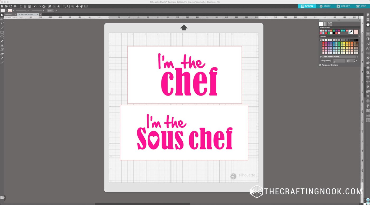 screenshot of i'm the chef and i'm the sous chef words in cutting machine software to create the DIY Mother Daughter Stenciled Apron Pattern 