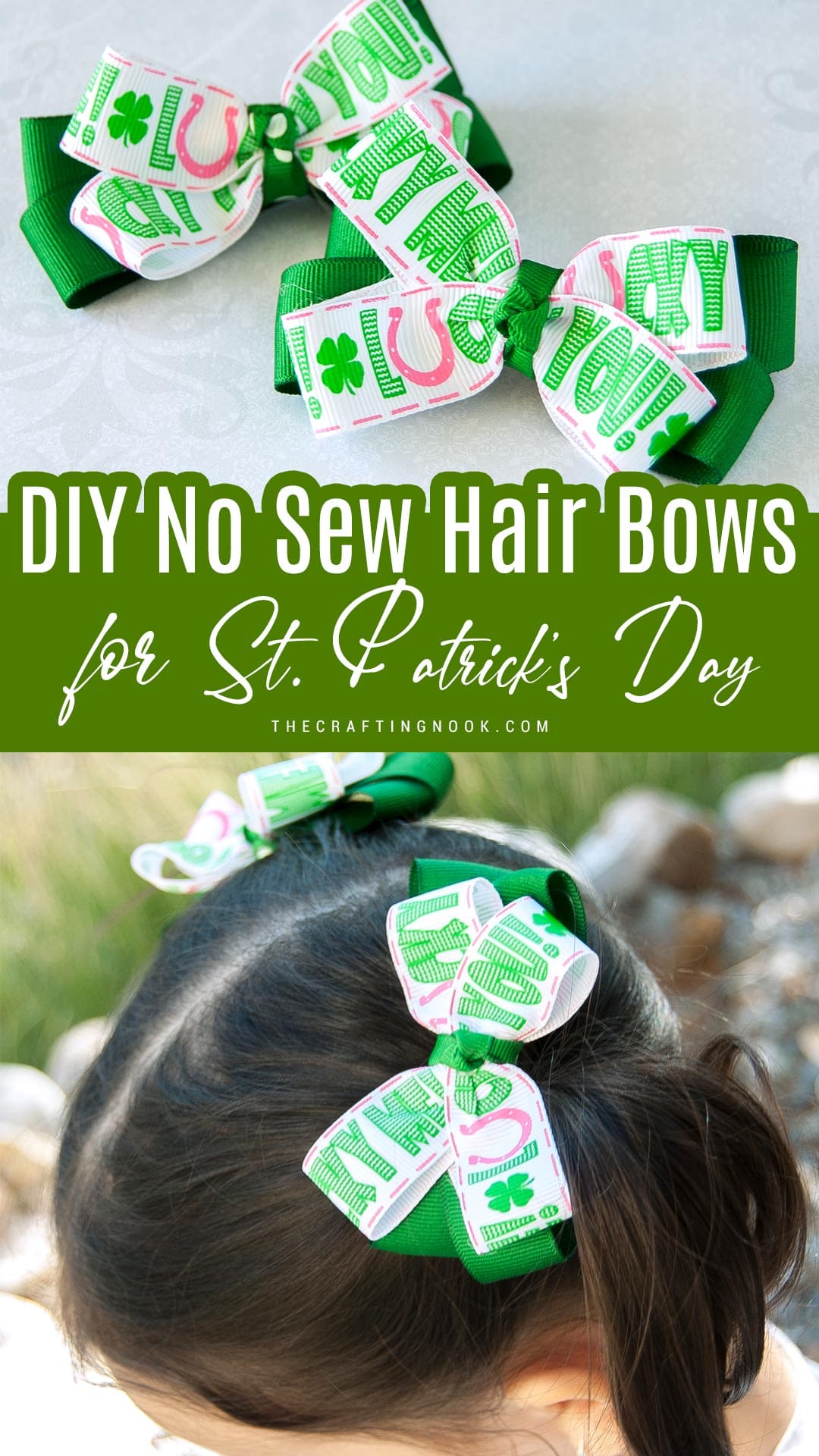 2 DIY No sew Hair Bows for St. Patrick's Day on aa table. Pinterest image with Title text overlay