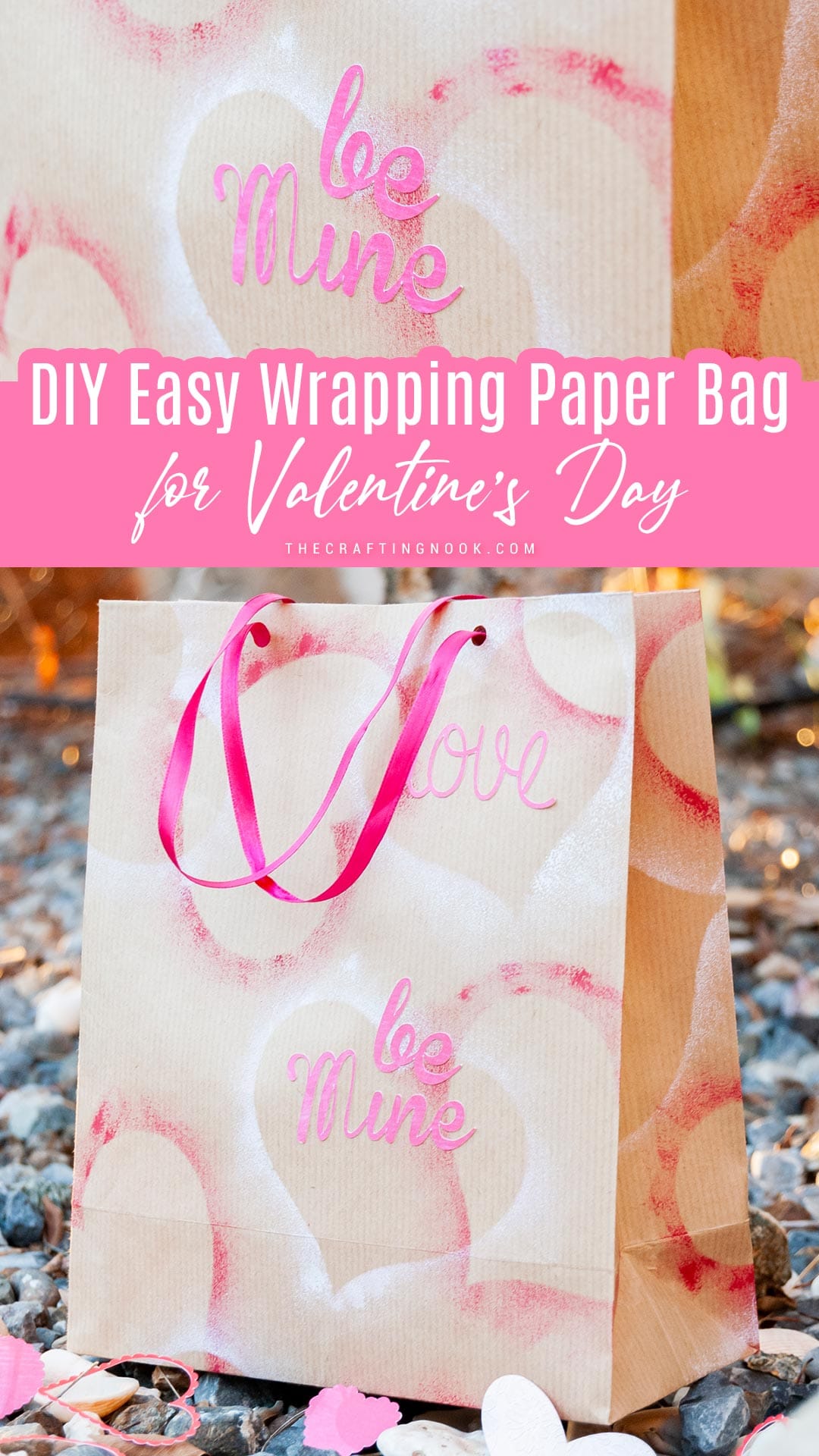 Wrapping paper bag for Valentine's Day on the ground Pinterest image with title text overlay