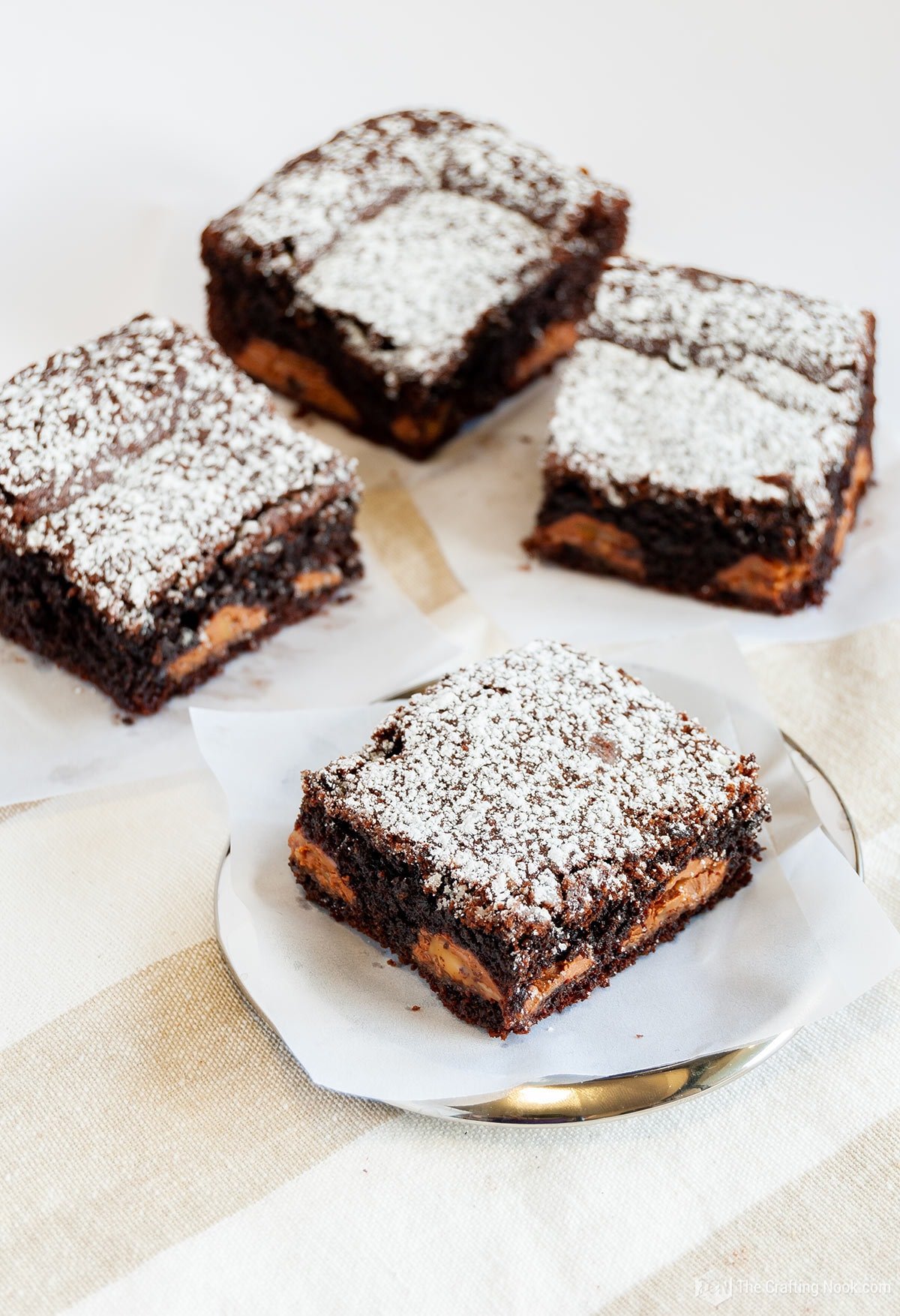 Overhead view of the Caramel Kahlua Brownies on plates on the table