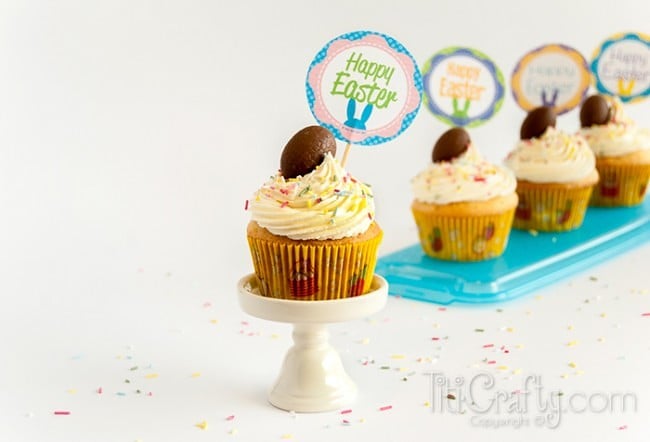 view of a row Easter Almond White Chocolate Cupcakes