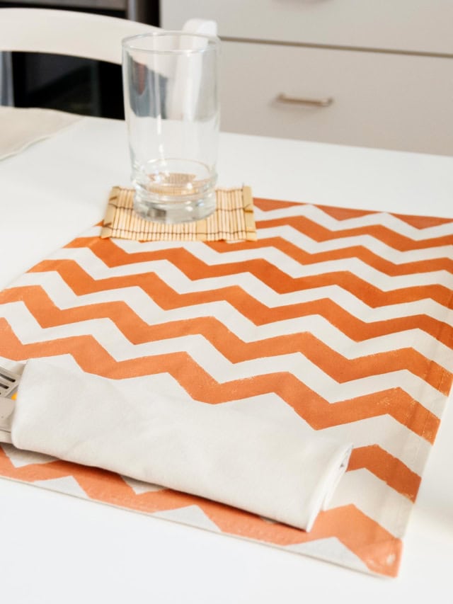 DIY Fabric Placemats with Chevron painted effect on the dining table