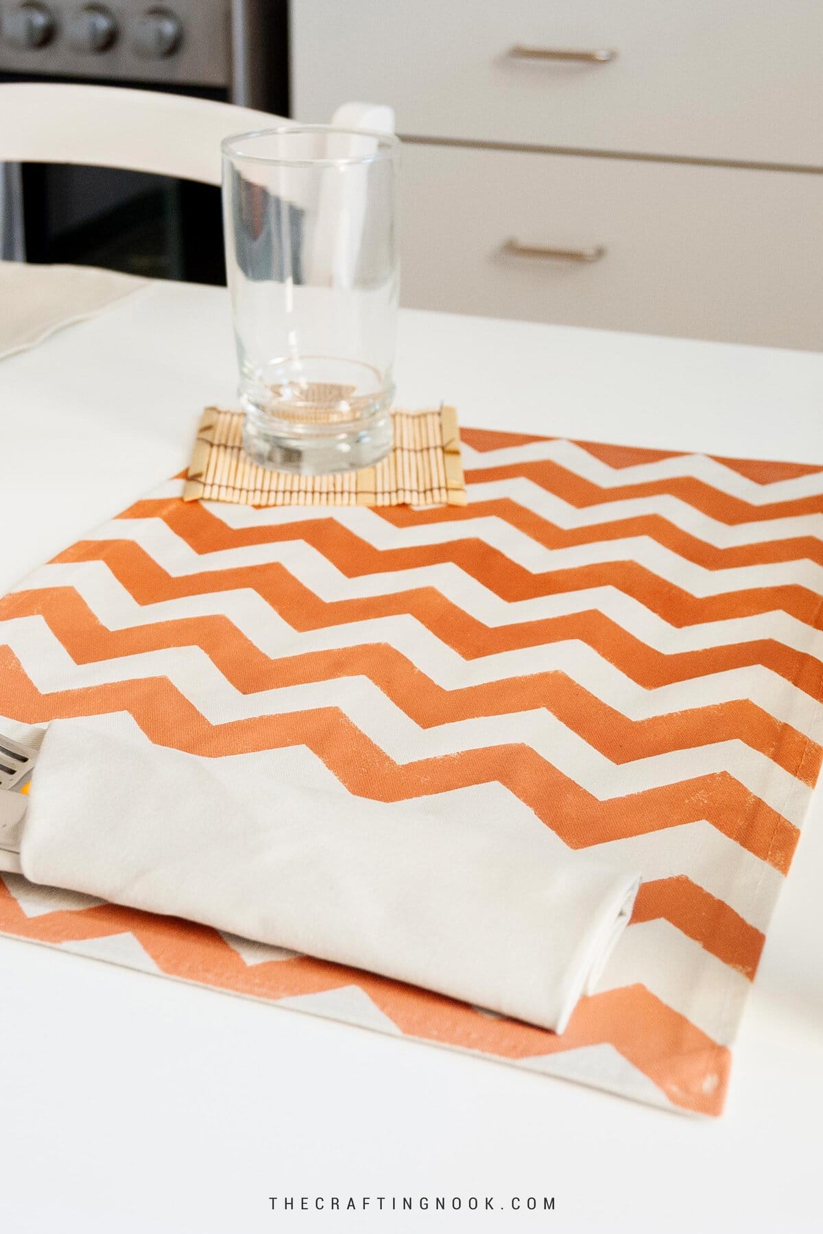 DIY Fabric Placemats with Chevron painted effect on the dining table