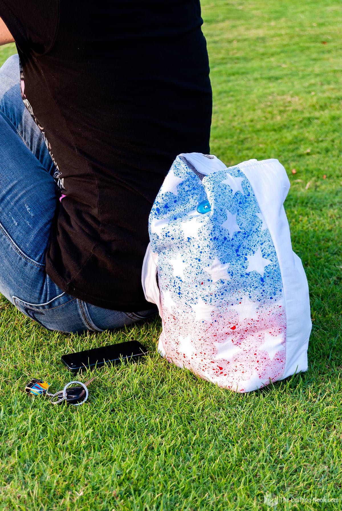 me and my DIY Patriotic Tote Bag with Toothbrush Painting on the grass modeling 