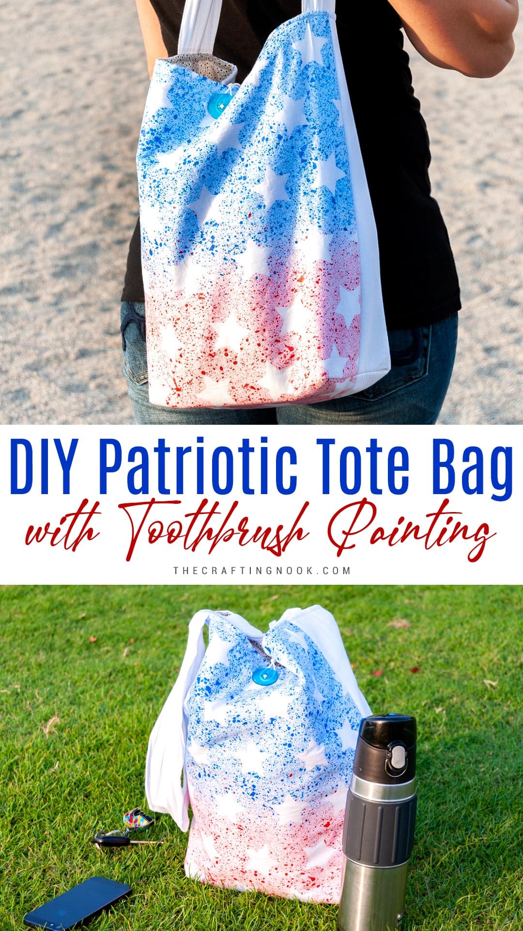 DIY Patriotic Tote Bag with Toothbrush Painting Technique Pinterest image with title text overlay