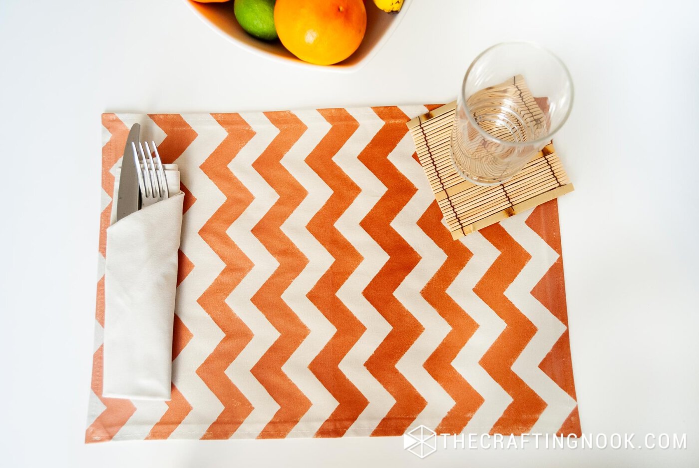 superior view DIY Fabric Placemats with Chevron painted effect on table