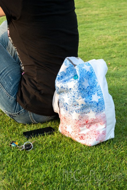 me and my DIY Paint Splattered Patriotic Tote Bag modeling 