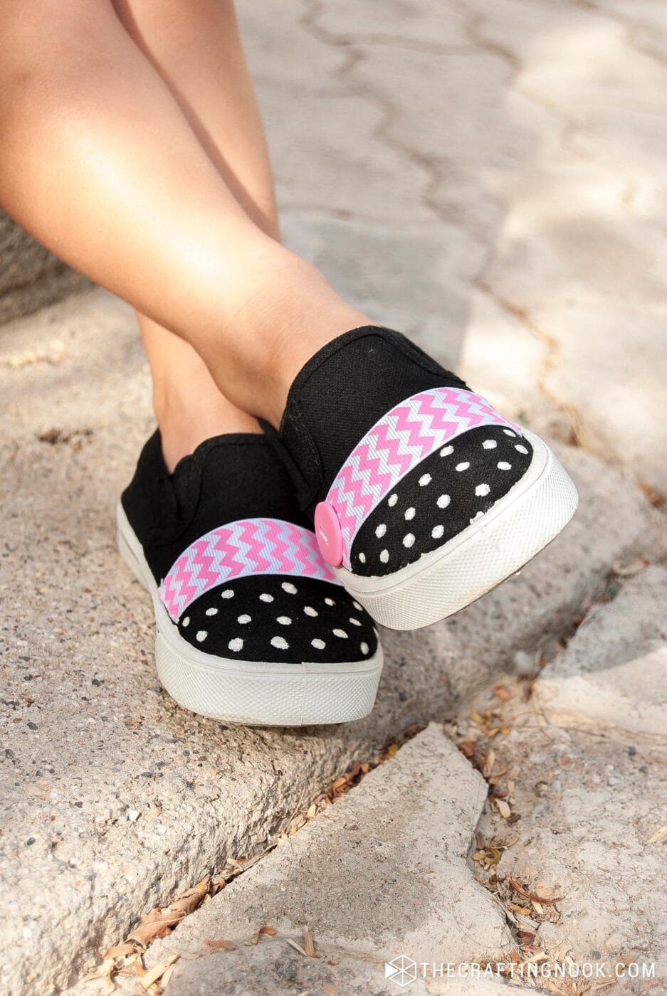 closeup of wearing DIY Chevron Polka dots Embellished Shoes 