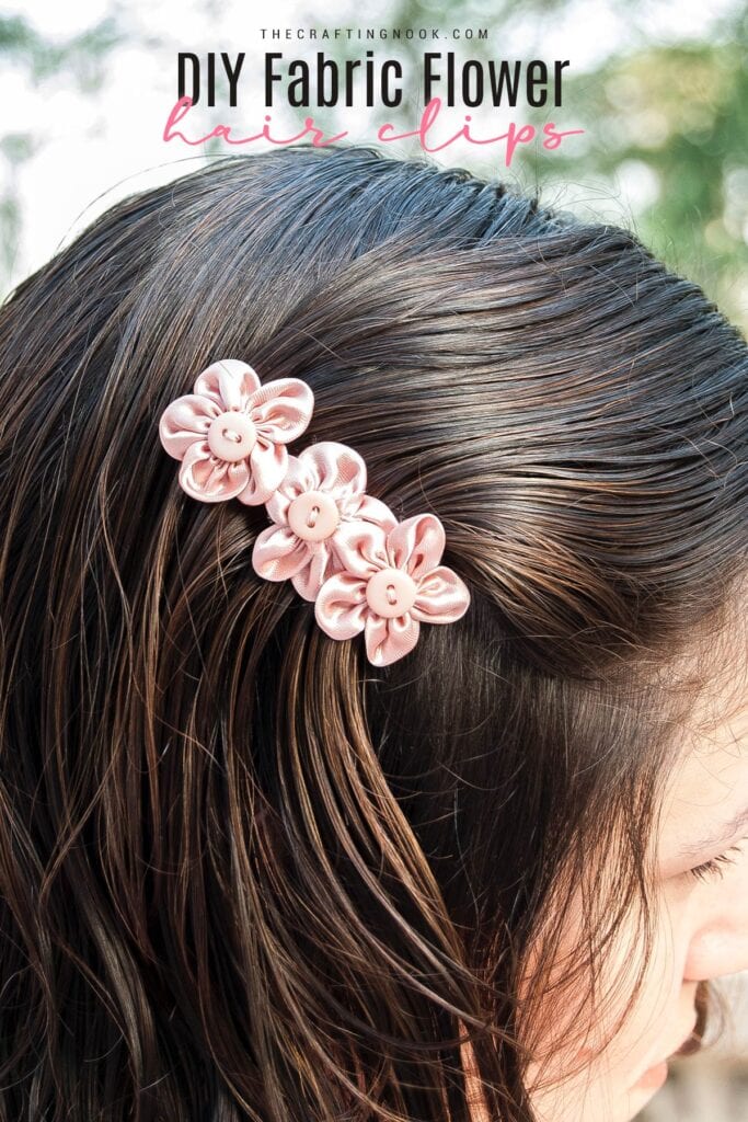 DIY Fabric Flower Hair Clips Cover image with title Overlay