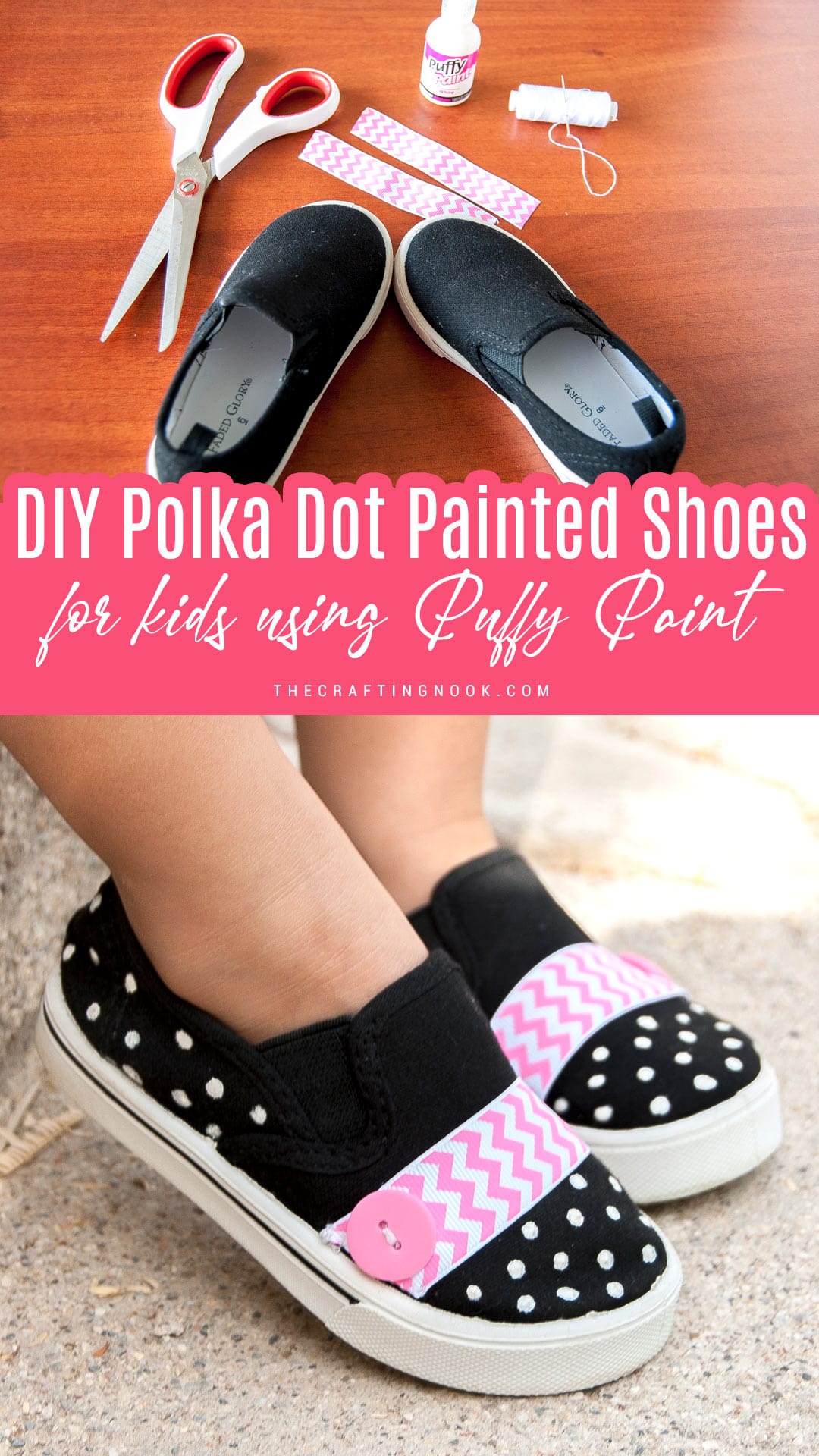 DIY Polka Dot Painted Shoes for Kids Using Puffy Paint. Pinterest image with title text overlay