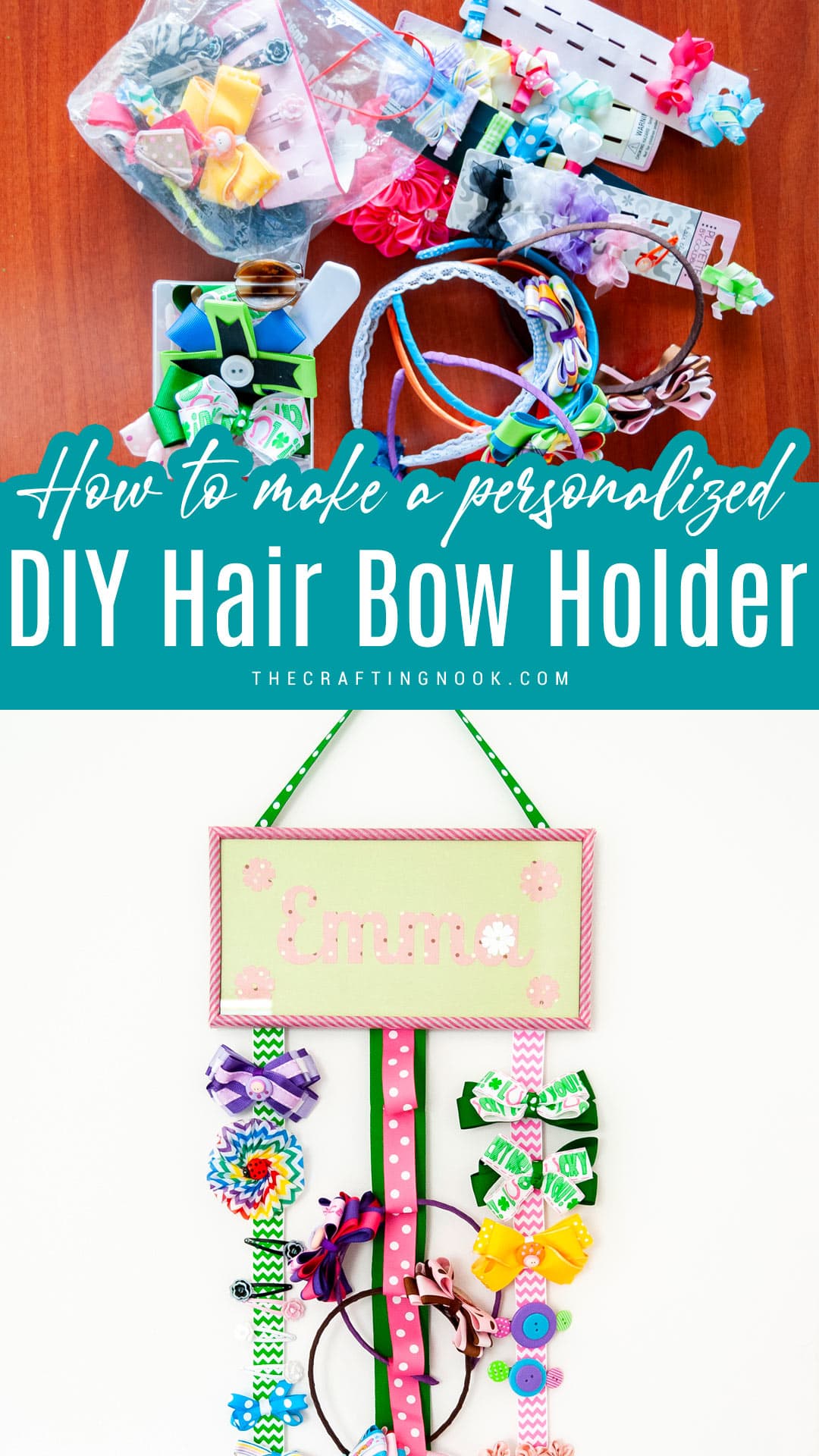 Personalized DIY Hair Bow Holder Tutorial Pinterest image with title text overlay