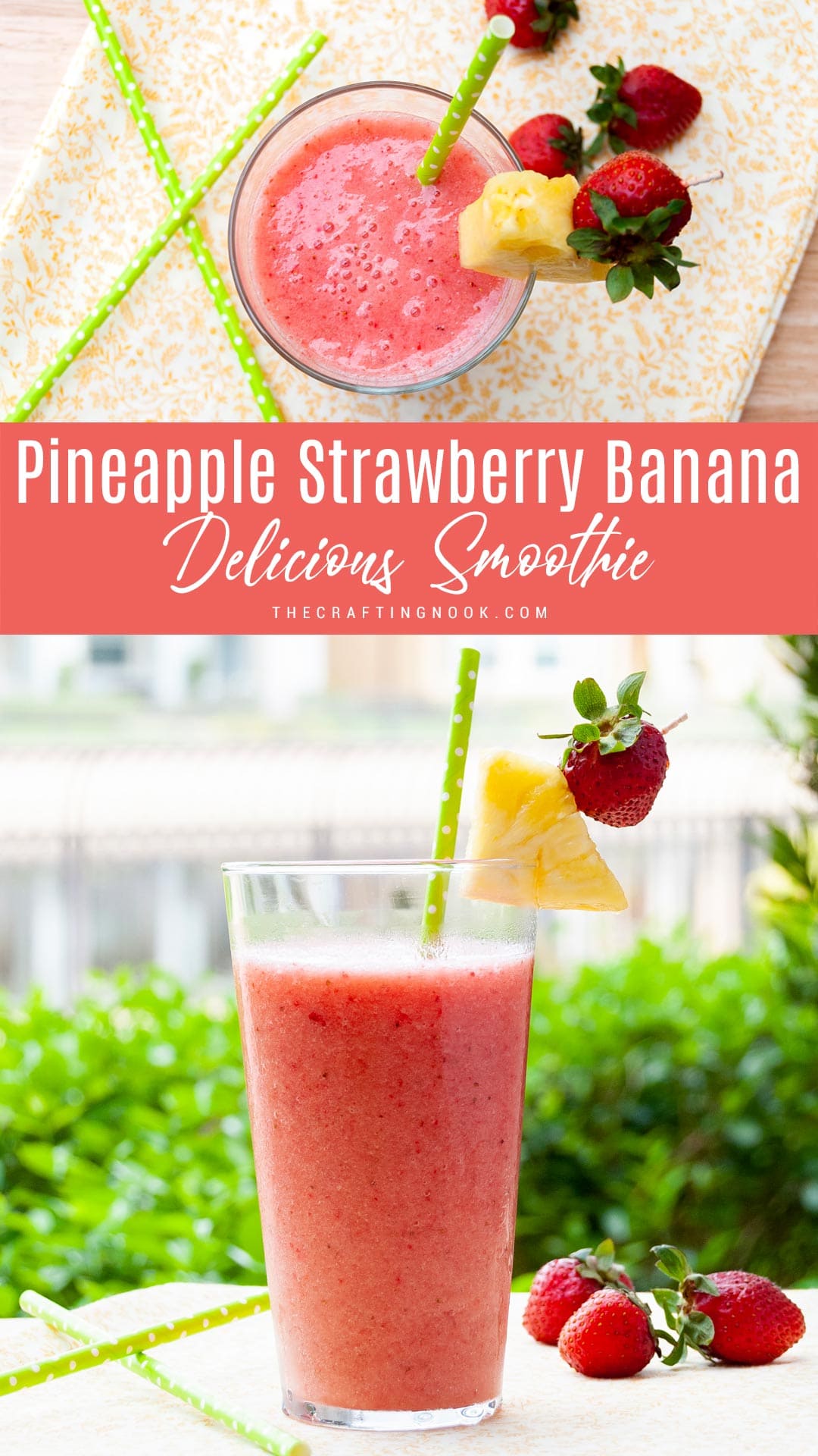 Strawberry Banana Pineapple Smoothie Recipe Pinterest image with title text overlay