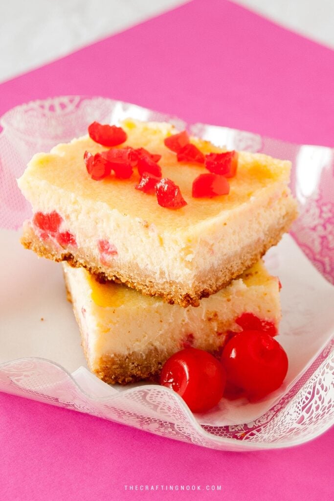 stack of two White Chocolate Cherry Cheesecake Bars Cover image