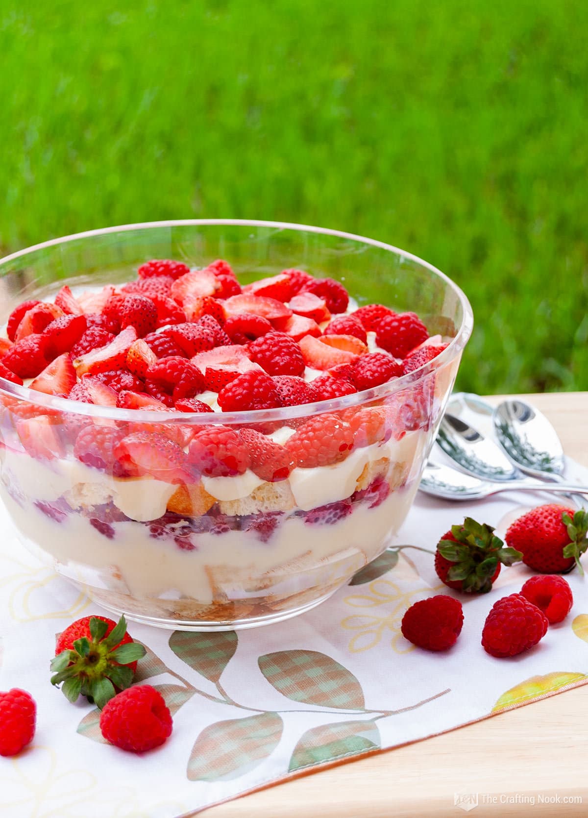 45 degree angle shot of the Red Berry Trifle on the table with green grass in the back