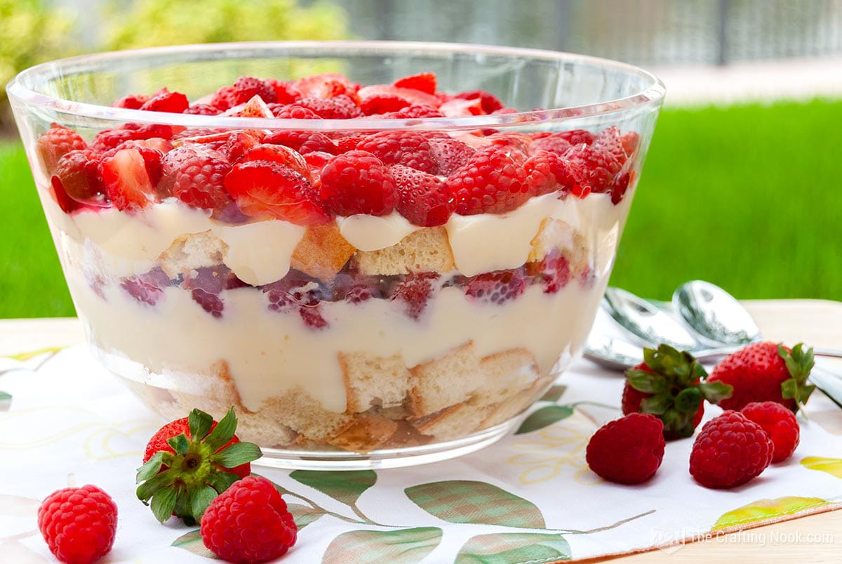 Front landscape shot of the Red Berry Trifle being very visible each layer