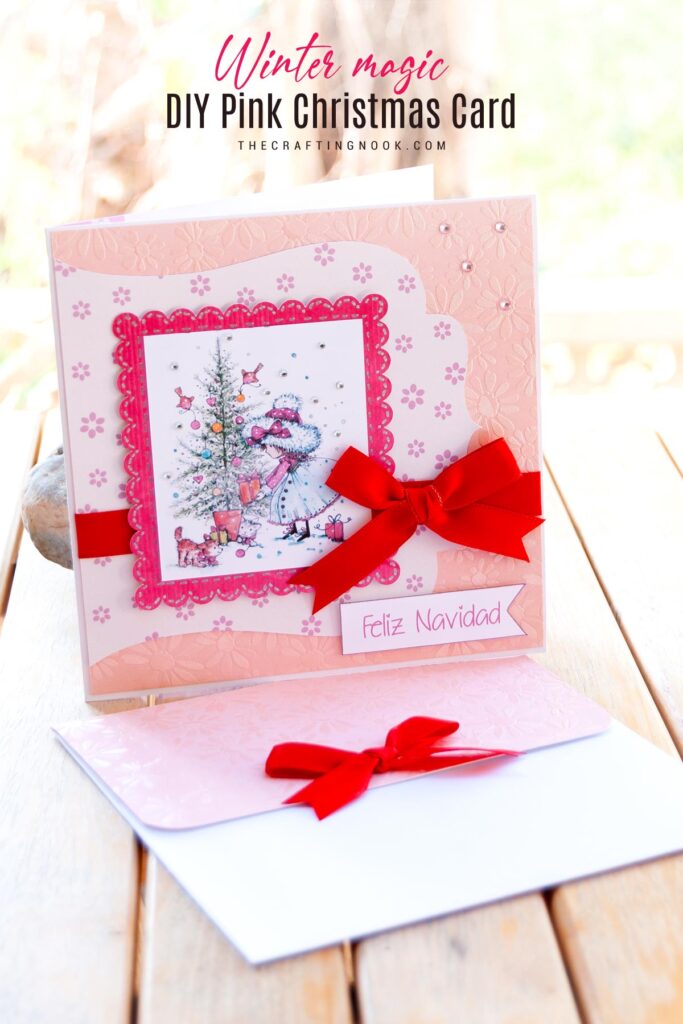 DIY Pink Christmas Card - A Winter Magic in a scrapbook style with digital illustration. Cover image with title text overlay