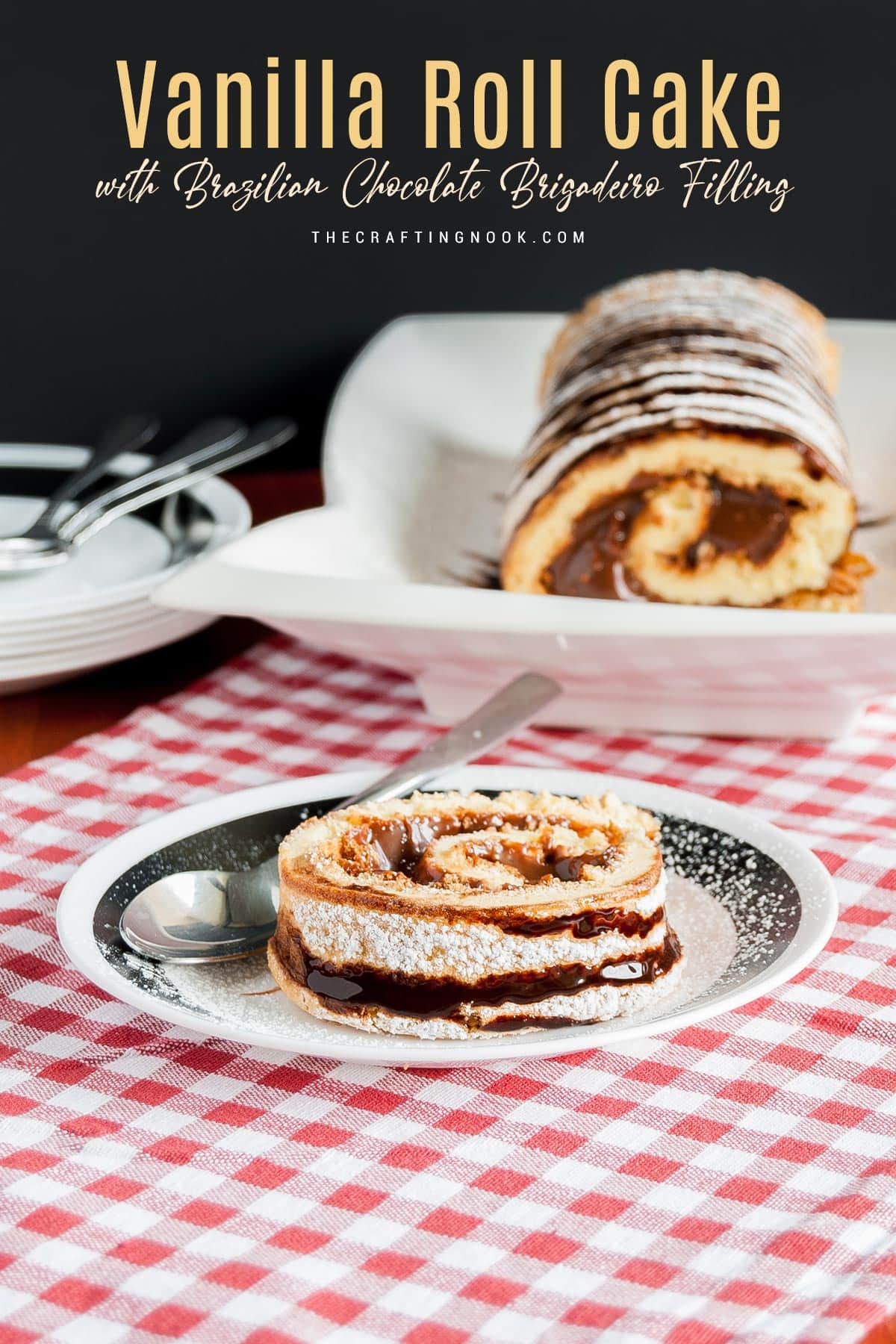 Vanilla Roll Cake with Chocolate Filling Brazilian Brigadeiro Cover Image with title text overlay