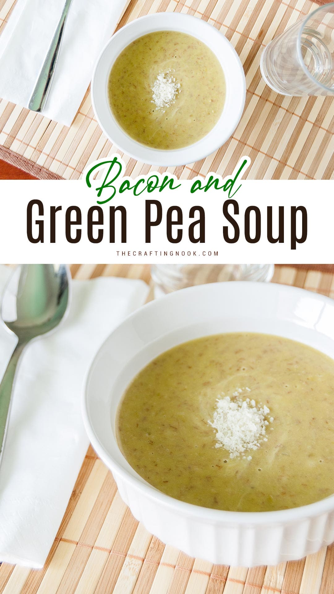 Bacon and Green Pea Soup Recipe Pinterest image with title text overlay