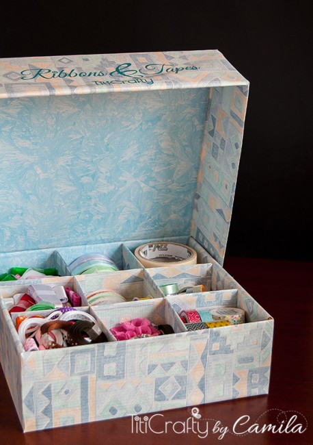 closer view of DIY Ribbons Tapes Upcycled box open
