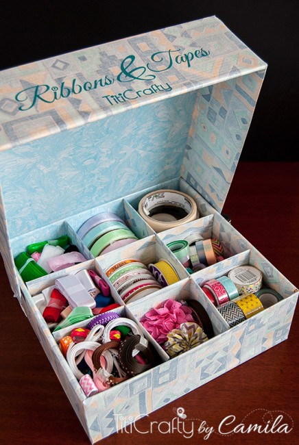 closer view of DIY Ribbons Tapes Upcycled box open
