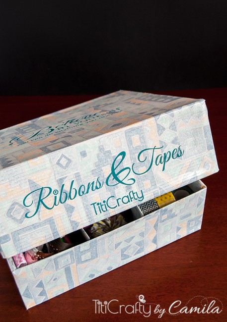 closer view of DIY Ribbons Tapes Upcycled box slightly open
