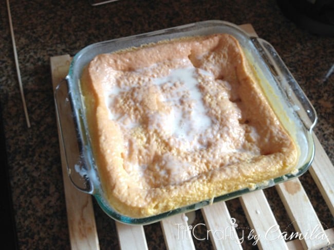 cake soaked in the three-milk mixture