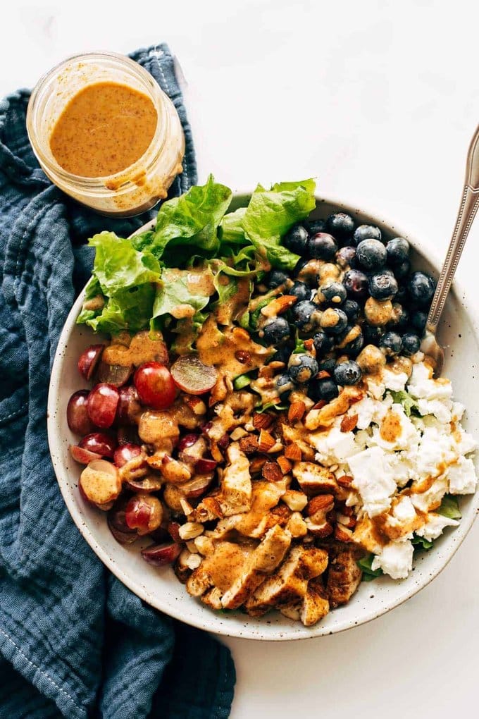 RAINBOW CHICKEN SALAD WITH ALMOND HONEY MUSTARD DRESSING by Pinch of Yum