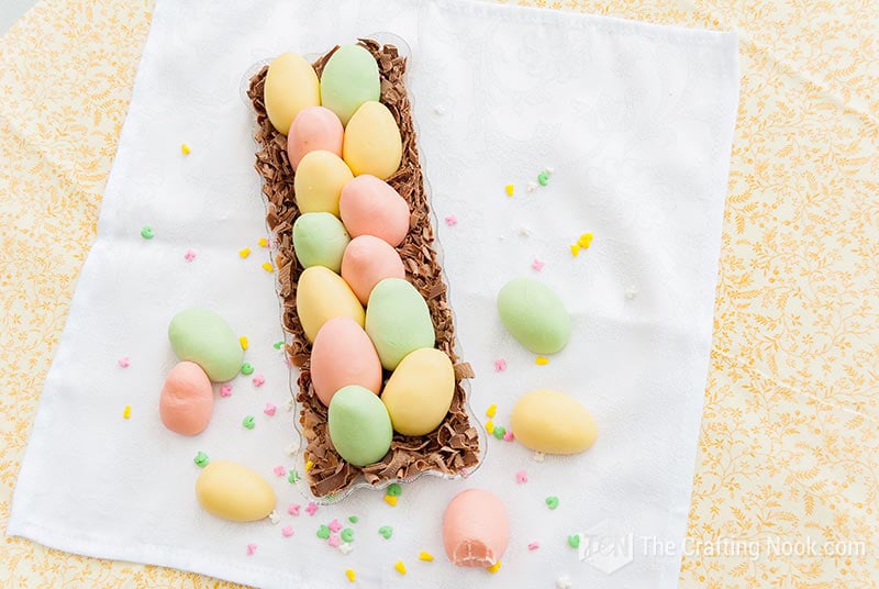 A top view od the Milk Truffles on a cute dish filled with shreded chocolate as a nest