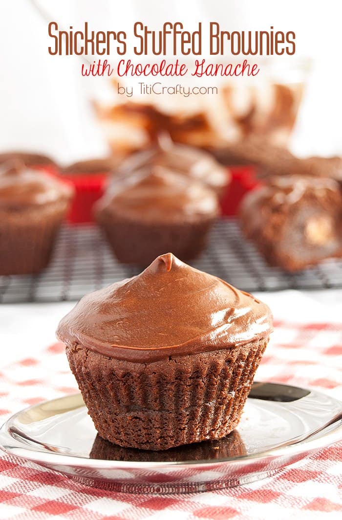 Snickers Stuffed Brownies with Chocolate Ganache Recipe cover image with text overlay