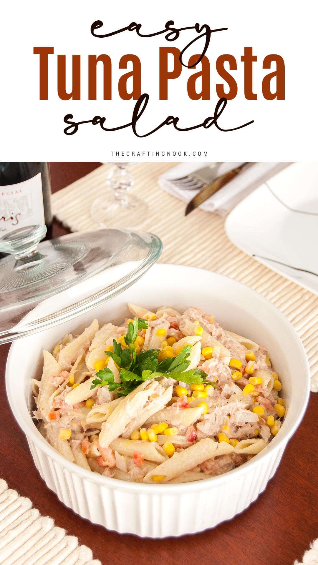 Tuna Pasta Salad Recipe Pinterest image with Title text overlay