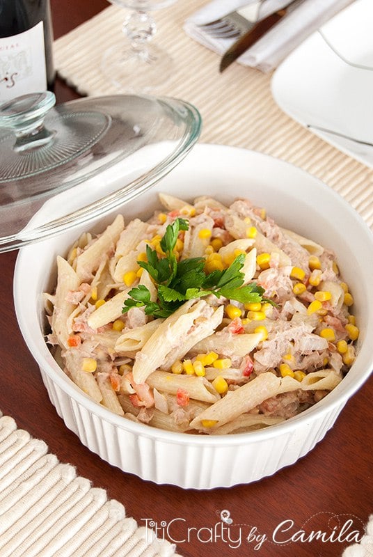 A close up of the Tuna Pasta salad served in a pretty dish